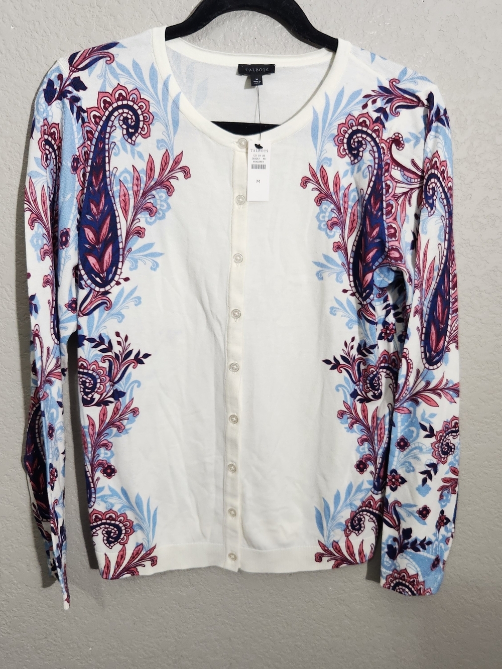 Talbots White Paisley Print Button-Front Cardigan Sweater